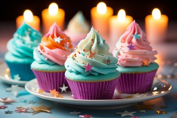 Colorful cupcakes topped with star-shaped decorations. Generative AI