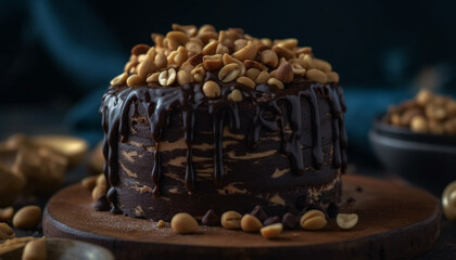 Fototapeta na wymiar Indulgent homemade dark chocolate dessert on rustic wood table generated by AI