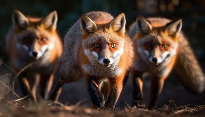 Fototapeta premium Cute foxes in nature, small group, looking at camera generated by AI