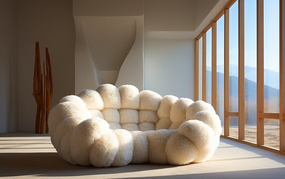 An empty minimalistic room with white fluffy boucle sofa