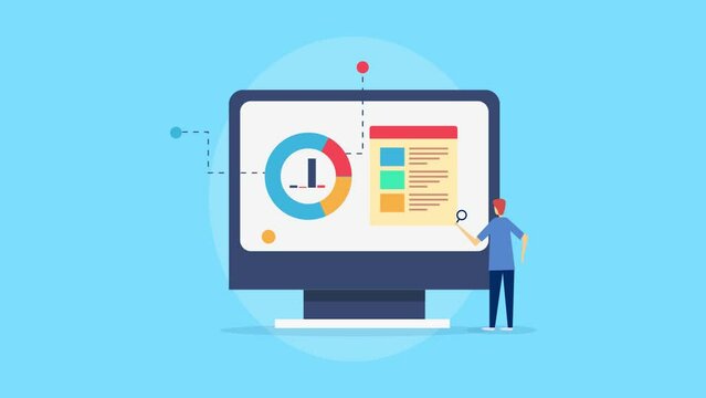 Business analyst monitoring financial data , market insights and business report on UI analytics software dashboard, data and kpi metrics related to online business, video animation 2d clip.