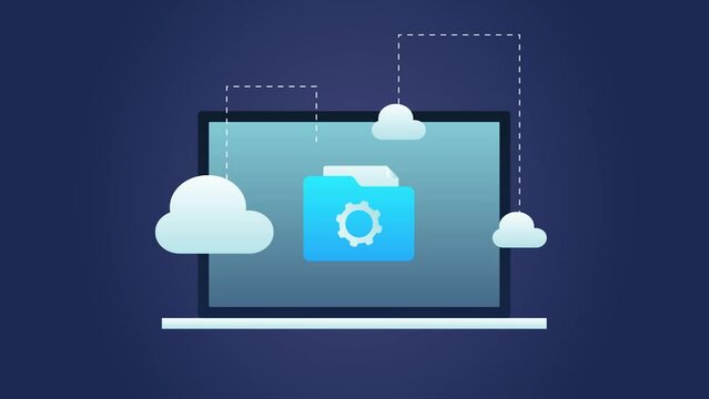 Digital storage cloud computing technology, data transfer and web based server hosting service, online network connection integrated with laptop video animation 2d clip.