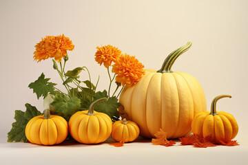Colorful Fall Leaf and Flower Decoration with Pumpkins on Beige Background. Copy Space for Text Banner. Thanksgiving and Halloween Background