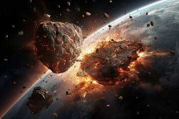 Devastating collision of planet and meteorite in space. Generative AI