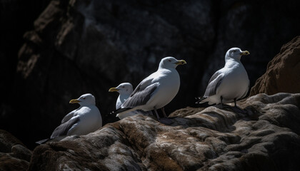 Fototapeta premium Seagull perching on cliff, spreading wings, enjoying freedom in nature generated by AI
