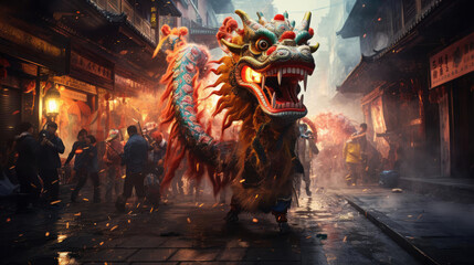 Street performance with the Chinese dragon - obrazy, fototapety, plakaty