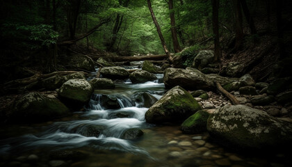 Tranquil scene of a tropical rainforest, flowing water, and green foliage generated by AI