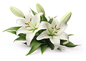 Beautiful fresh lily flower with green leaves, isolated on white background.