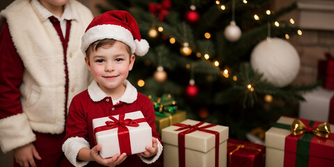 Obraz na płótnie Canvas A kid wearing a Santa costume holding a gift box, Christmas background with copy space
