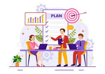 Business Plan Vector Illustration with Target, Planning, Workflow, Time Management, Statistical and Data Analysis in Flat Cartoon Background
