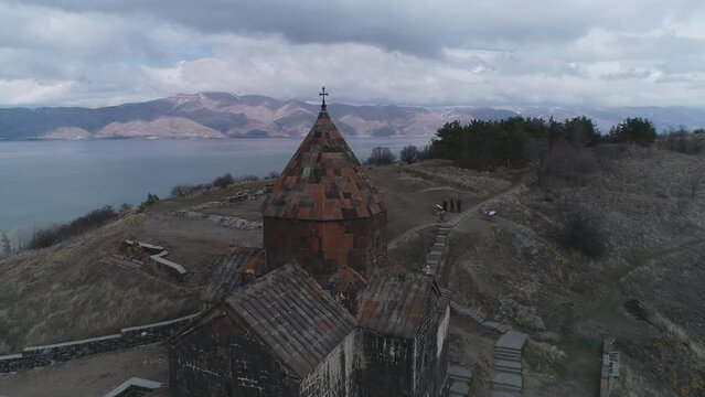 Ascending drone footage of Sevanavank monastic complex on Lake Sevan in Gegharkunik, Armenia