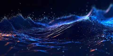 Poster Im Rahmen Data technology futuristic illustration. Blue wave pattern on a dark background. . © Sajeda