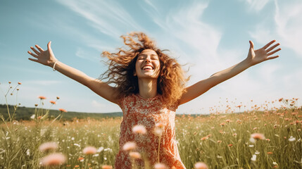 Laughing young woman with curly hair enjoying the freedom in the blooming field. Carefree girl with spread arms dancing in the summer meadow. - obrazy, fototapety, plakaty