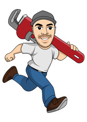 a plumber running holding a pipe wrench cartoon men