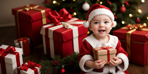 Fototapeta na wymiar A baby wearing Santa costume holding a gift box, Christmas background with copy space