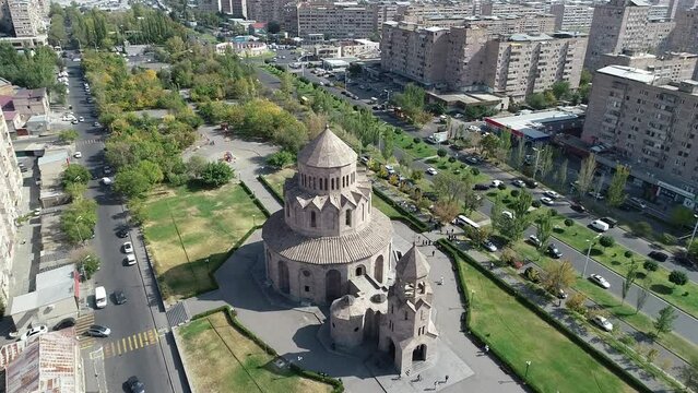 Aerial footage of the Holy Trinity Church in the Malatia-Sebastia District of Yerevan, Armenia