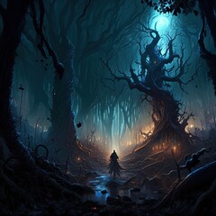 Photo of a circular greenhouse Under the willow tree, there are many long leaves and many fireflies. Live in a world of magic, eerie, mysterious, ethereal, scary, scary. AI-generated