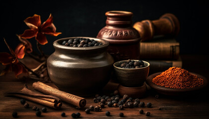 Spice, food, wood, dark table, nature, leaf, bowl, drink, seasoning generated by AI