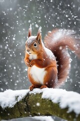 Red squirrel in winter surrounded by snow.