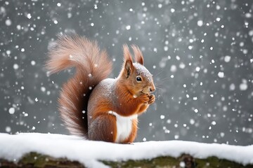 Red squirrel in winter surrounded by snow.