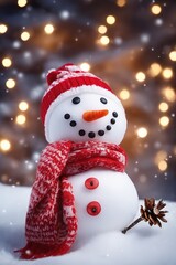 Snowman with hat and scarf, with shiny background.