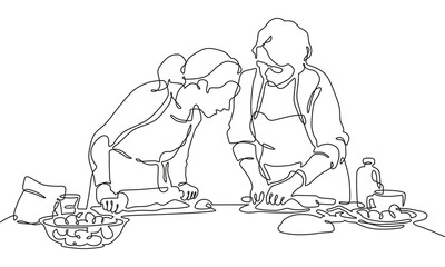 Continuous one line drawing happy women preparing to cook food