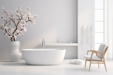 minimalist luxury bathroom with feminin theme, large bathtub, futuristic basin and shower, white towels, cosmetic racks and large mirror, two chair and little table with flower, hyper realistic,