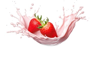 milk or yogurt splash with strawberries isolated on white background, 3d rendering.