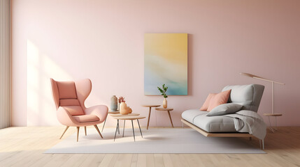 Minimalist design with a two - seater sofa and a recliner chair in pastel tones, living room interior, modern living room