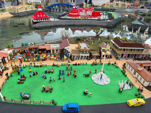 View of part of the Miniland USA made with millions of Legos at Legoland California. Old Town and Hotel Del Coronado Lego replica. San Diego, CA USA on September 30, 2023.