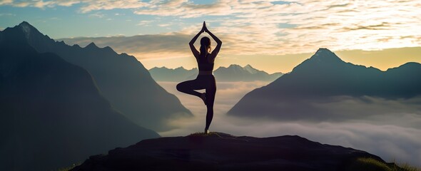silhouette of a woman practicing yoga in the summit with mountain Background. - obrazy, fototapety, plakaty