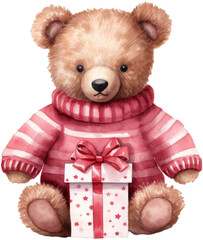 Watercolor art of a teddy bear wearing a cozy sweater with a gift. Cute Christmas holiday painting.
