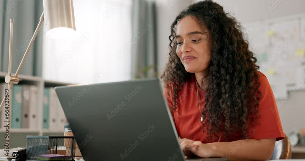 Poster laptop, smile and design with a woman in a small business office working on an artistic project. cre