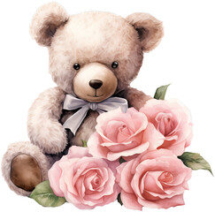 Watercolor art of a teddy bear with pink roses. Cute Valentine's Day painting.