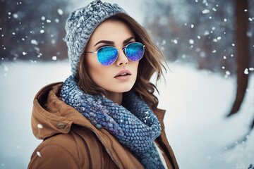 Pretty woman in winter with sunglasses and snow.