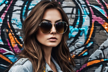 Beautiful young woman with rocker sunglasses and graffiti background.