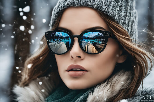 Pretty woman in winter with sunglasses and snow.
