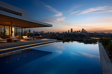Fototapeta premium A contemporary villa with a sleek pool and a panoramic view of a vibrant city skyline. Highlight modern architecture, a luxurious terrace, and the bustling urban setting. 