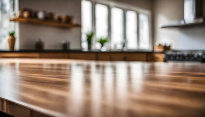 Obraz premium Wooden tabletop counter in front of bright modern kitchen.
