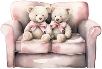 Fotobehang Watercolor art of a couple of teddy bears sitting on the sofa. Cute Valentine's Day painting.  © Orange Brush