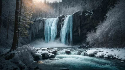 Tuinposter background view of a frozen waterfall in the middle of the forest on a snowy winter night. AI generated © Kitostd