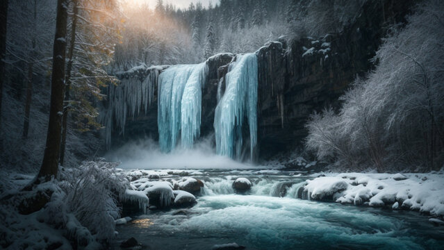 background view of a frozen waterfall in the middle of the forest on a snowy winter night. AI generated