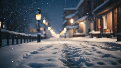 AI Generated. city ​​streets filled with snow at night, there are housing and street lights,...