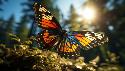 Vibrant butterfly wing showcases nature beauty in a tranquil scene generated by AI