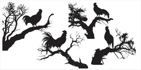Set of silhouettes of Cock on the tree branches vector illustration - obrazy, fototapety, plakaty