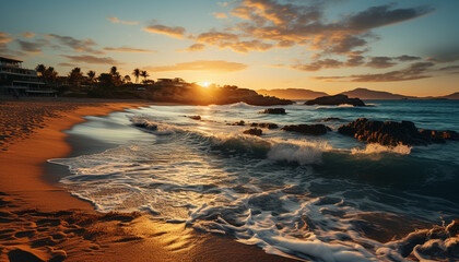 Sunset over the tranquil coastline, nature beauty in tropical paradise generated by AI