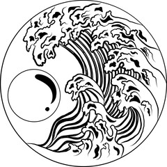 Japanese wave vector illustration for T-shirt.Traditional Chinese wave in circle.Beautiful line art of nature for printing on shirt.Asian art for doodle and painting on background.