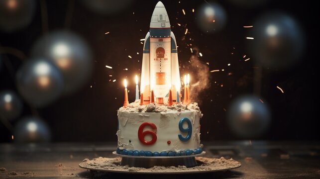 A cake for a 62nd birthday, featuring a number 62 candle and a vintage space race-inspired decoration.