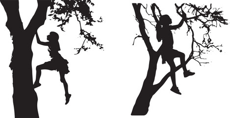 Silhouettes of Girl climbing tree vector illustration - obrazy, fototapety, plakaty