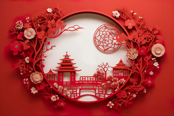 Artistic paper cut scene background with Chinese style elements